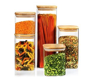 Set of 5 Square Canisters, Glass Kitchen Canister with Airtight Bamboo Lid, Glass Storage Jars for Kitchen, Bathroom and Pantry Organization Ideal for Flour, Sugar, Coffee, Candy, Snack and More…
