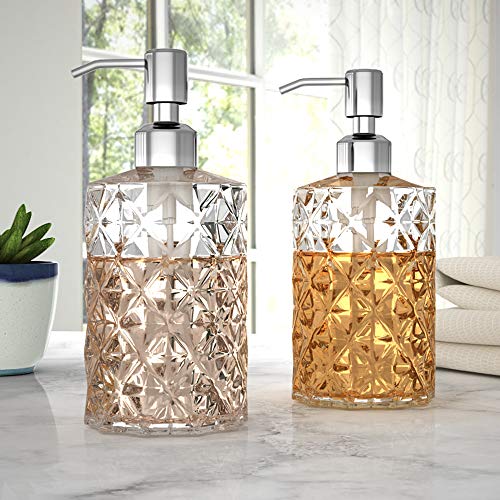 KOLYES Soap Dispenser 2 Pack, 12 Oz Clear Diamond Design Glass KOLYES Cleaning soap Dispenser 2 Pack, 12 Oz Clear Diamond Design Glass Refillable Premium Hand Cleaning soap Dispensers; with 304 Rust Proof Stainless Metal Pump, for Rest room, Kitchen, Lotions.