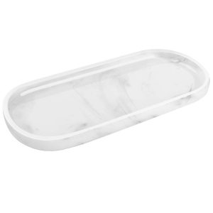 Luxspire Vanity Tray, Toilet Tank Oval Storage Tray, Resin Marble Pattern Soap Tray Bathtub Tray, Bathroom Countertop Organization, Vanity Organizer for Candles, Soap, Towel, Plant, etc - White Marble