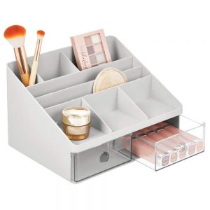 mDesign Plastic Tiered, Divided Makeup Organizer Storage Shelf and Display Box - 2 Drawers - for Bathroom Vanity Countertop - Holds Lip Gloss, Eye Shadow Palettes, Brushes, Blush, Mascara - Gray/Clear