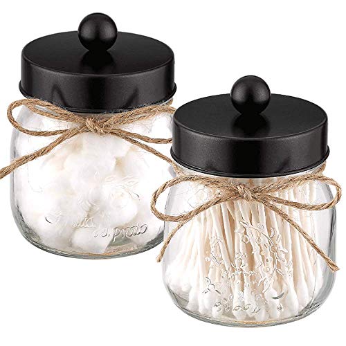 Mason Jar Bathroom Apothecary Jars Set, Farmhouse Decor Qtip Dispenser Holder Glass - Rustic Vanity Organizer with Stainless Steel Lids for Cotton Swabs, Rounds, Bath Salts, Ball / Black, 2-Pack
