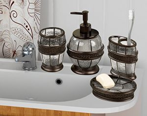 nu steel Resin Crackled Ice Bath Accessory Set for Vanity Countertops, 4 Piece Luxury Ensemble Includes soap Dish, Toothbrush Holder, Tumbler, soap and Lotion Pump, Oil Rubbed Bronze