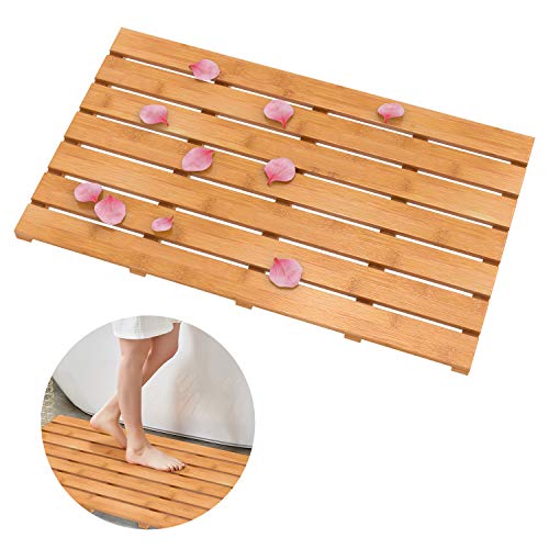 Domax Wooden Bamboo Bath Shower Mat - Non Slip Waterproof Large Bathroom Floor Mat for Indoor and Outdoor Natural, 31.3 x 18.1 x 1.5 Inches