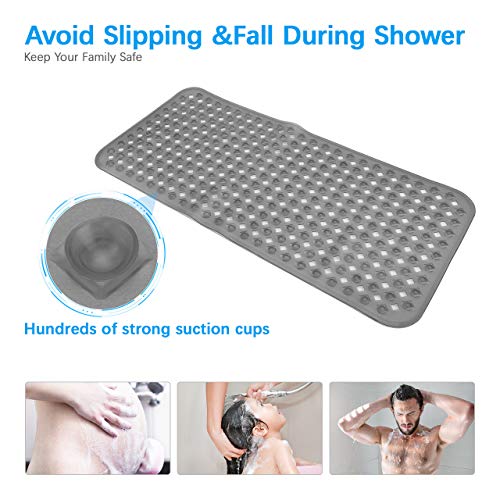 LEPO Bath Mat for Shower and Bathtub, Anti-Slip with Drain Holes LEPO Tub Mat for Bathe and Bathtub, Anti-Slip with Drain Holes, Suction Cups, Machine Washable Toilet Mat, Clear Gray, 34.5x15.5 inch.