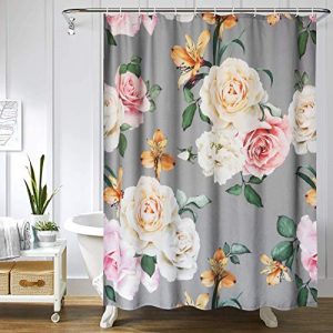 Uphome Fabric Floral Shower Curtain for Bathroom Grey and Cream Spring Flower Cloth Shower Curtain Set with Hooks Chic Rose Bathroom Accessories Decor,Waterproof and Heavy Duty,72x75