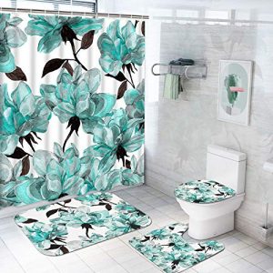 TAMOC 4 Pcs Watercolor Flower Shower Curtain Set with Non-Slip Rug, Toilet Lid Cover and Bath Mat, Blue Rose Shower Curtain with 12 Hooks, Waterproof Colorful Floral Bathroom Shower Curtain