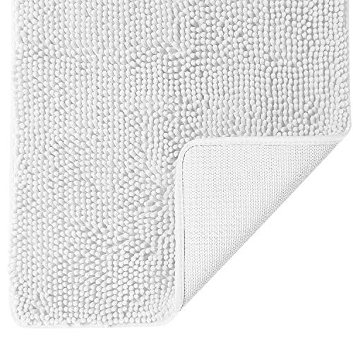 BEDELITE Non Slip Shaggy Chenille Bathroom Rugs 17x24 Inches, Extra Soft and Water-Absorbent Microfibers Carpet, Machine Washable Bath Mat for Bathtub, Shower, and Bath Room, Bright White