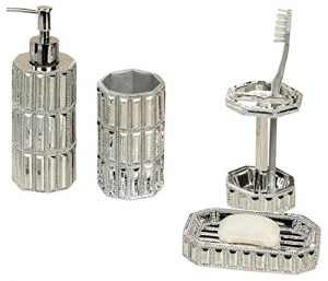 nu steel Chrome Resin Bath Accessory Set for Vanity Countertops, 4 Piece Luxury Ensemble Includes Dish, Toothbrush Holder, Tumbler, soap and Lotion Pump