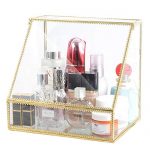 InnSweet Glass Makeup Organizer, Large Cosmetic Display Cases with Slanted Front Open Lid, Trapezoid Cosmetic and Jewelry Display Box