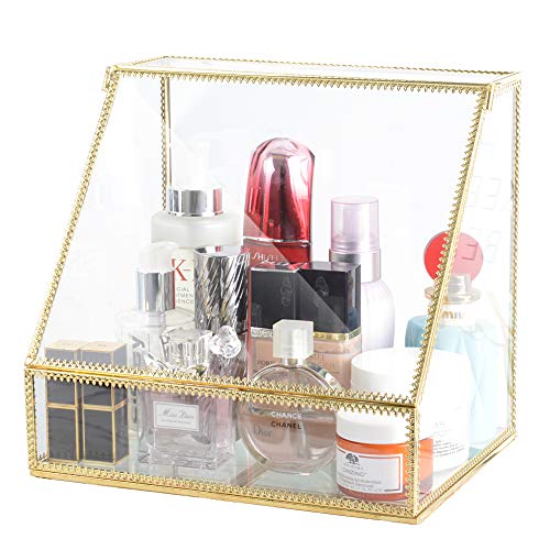 InnSweet Glass Makeup Organizer, Large Cosmetic Display Cases with Slanted Front Open Lid, Trapezoid Cosmetic and Jewelry Display Box