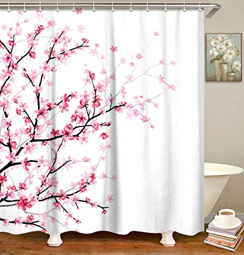 LIVILAN Pink Floral Bathroom Curtain Cherry Blossom Shower Curtain Set with 12 Hooks, Flower Fabric Bath Curtain Bathroom Decor, Machine Washable, White 72" X 72"