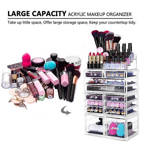 Makeup Organizer with 12 Drawers - Effortless Beauty Storage and Jewelry Display This versatile four-piece set, measuring 9.5" x 5.4" x 15.8", is a makeup lover's dream. With a large capacity comprising two large drawers, two center drawers, eight small drawers, and 16 top compartments, this organizer accommodates at least 18 makeup brushes, 18 lipsticks, 15 nail polishes, 15 eyeliners, 6 large eyeshadow palettes, and more. Keep your cosmetics neat and tidy with the durable clear acrylic that effortlessly matches any decor, providing a clear view of your collection. Ample Storage: 📦 With 12 drawers and multiple compartments, this organizer offers ample storage space to neatly arrange and organize makeup essentials, ensuring everything is easily accessible.