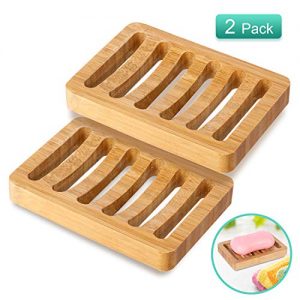 2 Pack Bamboo Wood Soap Dish Holder, Bar Soap Saver Case for Shower, Bathroom, Kitchen, Bathtub, Counter Top, Anti-Slip Design, Soap Tray to Keep Soap Dry Clean