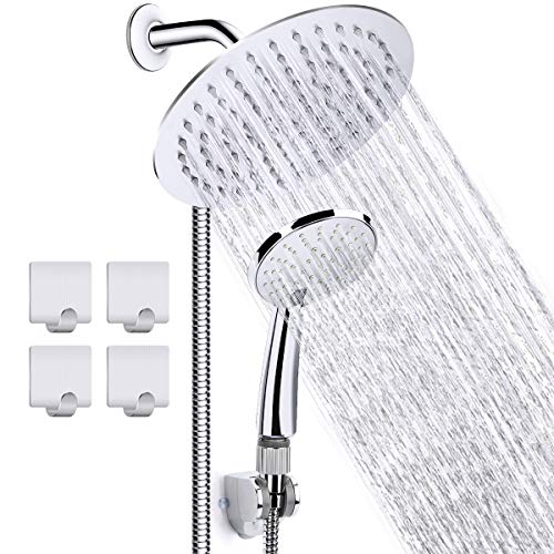 CHAREADA 8 inch High Pressure Shower Head Stainless Steel Rainfall 3 Settings Handheld Shower Head Combo with 60'' Hose – Chrome Finish With Strong Suction Holder Flow Regulator 4 Shower Hooks
