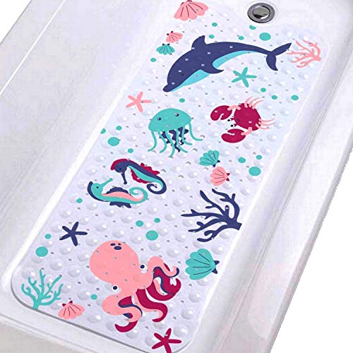 Bathtub Mat, Bath Mat for Tub, Shower Mat, Sea Cartoon Design Octopus, Bathtub Mat for Kids, Toddler and Baby, Dolphin, Seahorse and Crab, 38x16, XL Size, Bathroom Mats, Machine Washable, Anti-Slip