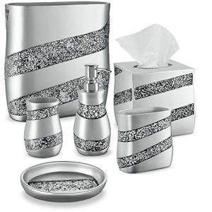 DWELLZA 6-Piece Bathroom Accessories Set, Complete Bath Set Includes Countertop Soap Dispenser, Toothbrush Holder, Tumbler, Soap Dish, Square Tissue Cover, Wastebasket (Silver Mosaic)