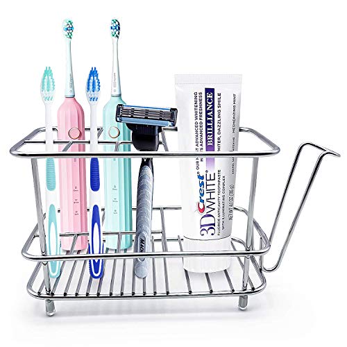 SYOSIN Toothbrush Holder for Bathroom Wall or Counter, Stainless Steel Rustproof, Non-Slip Mat Drill-Free Toothbrush Organizer for Electronic Toothbrush, Toothpaste, Razor, Cup and Facial Cleaner