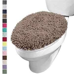 KANGAROO Plush Luxury Chenille Bath Room Toilet Lid Cover, 19.5 Inch x 18.5 Inch Large Size, Extra Soft and Absorbent Kids Shaggy Seat Covers, Washable, Fits Most Bathroom Toilet Lids, Beige