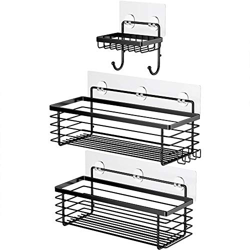 ODesign Shower Caddy Basket with Hooks Soap Dish Holder Shelf for Shampoo Conditioner Bathroom Kitchen Storage Organizer SUS304 Stainless Steel Adhesive 3 Pack - Black
