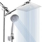 8'' High Pressure Rainfall Shower Head/Handheld Shower Combo with 11'' Extension Arm, Height/Angle Adjustable, Stainless Steel Bath Shower Head with Holder, 1.5M Hose, Chrome, 4 Hooks