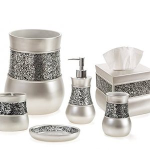 Creative Scents Bathroom Accessories Set, Decorative 6 Piece Bath Accessories Set Features Soap Dispenser, Toothbrush Holder, Tumbler, Soap Dish, Square Tissue Cover & Trash Can (Silver Colored)