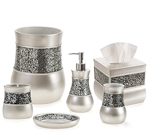 Creative Scents Bathroom Accessories Set, Decorative 6 Piece Bath Accessories Set Features Soap Dispenser, Toothbrush Holder, Tumbler, Soap Dish, Square Tissue Cover & Trash Can (Silver Colored)