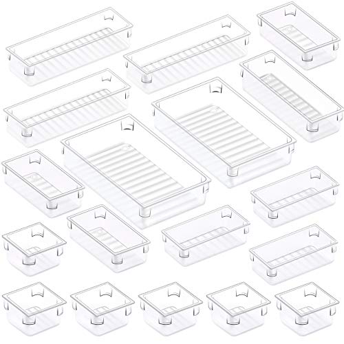 Puroma 18-pcs Desk Drawer Organizer Trays, 4 Different Sizes Large Capacity Plastic Bins Kitchen Drawer Organizers Bathroom Drawer Dividers for Makeup, Kitchen Utensils, Jewelries and Gadgets