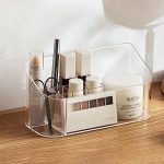 SUNFICON Makeup Tray Organizer Bathroom Cabinet Cosmetic Storage Tray Holder Countertop Vanity Makeup Display Tray Case with 9 Compartments 2 Removable Dividers for Beauty Essentials Crystal Clear