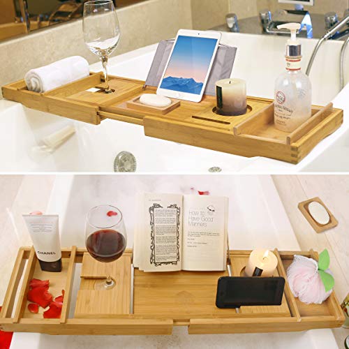 BAMBUROBA Bathtub Caddy Tray Bamboo Bathroom Organizer with Expandable Sides Holder for Book Glass Towel