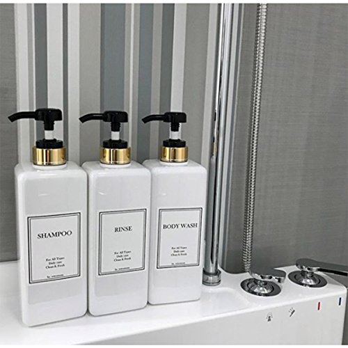 HARRA HOME Modern Gold Design Pump Bottle Set HARRA HOME Fashionable Gold Design Pump Bottle Set 27 oz Refillable Shampoo and Conditioner Dispenser Empty Bathe Plastic Bottles with Pump for Rest room Lotion Physique wash Therapeutic massage Oils, Pack of three (Black).