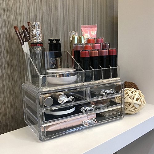Ikee Design Jewelry Makeup Cosmetic Storage Organizer Two Pieces Set Ikee Design Jewellery Make-up Beauty Storage Organizer Two Items Set - Arrange Cosmetics, Jewellery, Hair Equipment, Rest room Counter or Dresser, Clear Design for Simple Visibility.