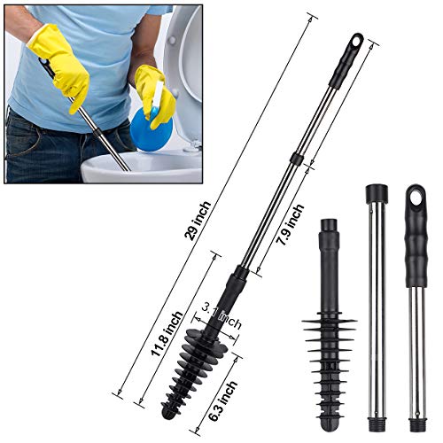 BROOM Toilet Plunger, 2020 Upgraded Two Sections Detachable Plunger BROOM Bathroom Plunger, 2020 Upgraded Two Sections Removable Plunger for Toilet, Bathroom Dredge Device, Stainless Metal Deal with Clog Remover, Squeegee, Drain Cleaner, Hook Included (1 Pack, Black).