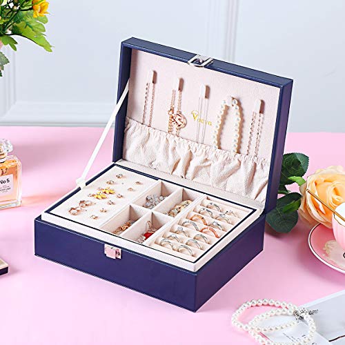 Voova Jewelry Box Organizer for Women Girls Voova Jewellery Field Organizer for Girls Women, 2 Layer Giant Show Storage Case PU Leather-based Journey Jewel Holder Cupboard with Detachable Tray&amp;Partition for Necklace, Earrings, Bracelets, Rings, Navy Blue.