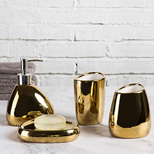 MyGift 4 Piece Modern Gold Ceramic Bathroom Accessory Set