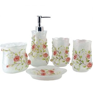 LUANT Resin 3D Roses 5PC Bathroom Accessories Set Soap Dispenser/Toothbrush Holder/Tumbler/Soap Dish (White)