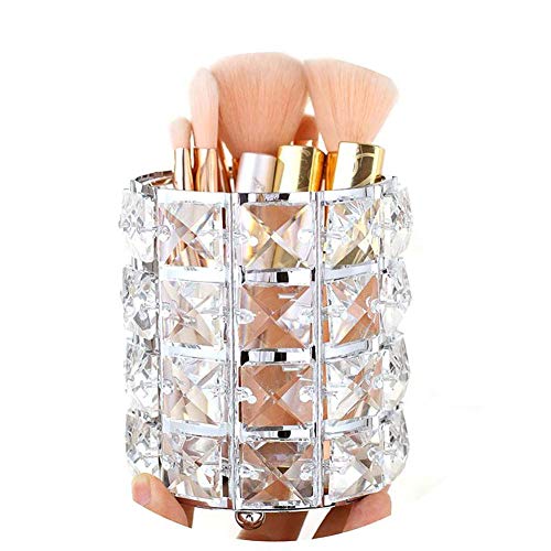 Pahdecor Handcrafted Crystal Makeup Brush Holder Eyebrow Pencil Pen Cup Collection Cosmetic Storage Organizer for Vanity,Bathroom,Bedroom,Office Desk (Silver)