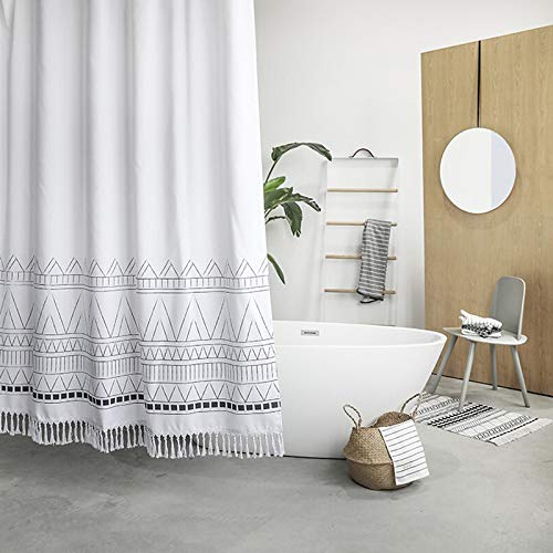 YoKii Tassel Fabric Shower Curtain, Black Grey White Boho Striped Chevron Polyester Bath Curtain Set with Hooks, Decorative Spa Hotel Heavy Weighted 72-Inch Bathroom Curtains, (72 x 72, Nordic Chic)