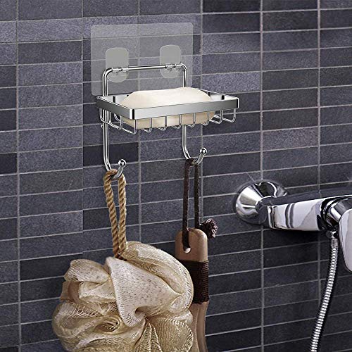 ODesign Soap Dish Sponge Holder with Hook for Bathroom Shower ODesign Cleaning soap Dish Sponge Holder with Hook for Rest room Bathe Kitchen Wall Mounted Stainless Metal - Adhesive No Drilling.