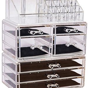 Sooyee Acrylic Cosmetic Display Cases 6 Tiers 7 Drawers, 16 Grid Lipstick and Makeup Brush Holder, Cube Makeup and Jewelry Organizer Box,Clear,3 Pieces Set