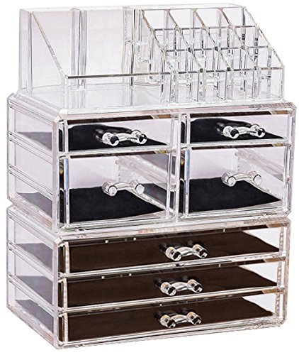 Sooyee Acrylic Cosmetic Display Cases 6 Tiers 7 Drawers, 16 Grid Lipstick and Makeup Brush Holder, Cube Makeup and Jewelry Organizer Box,Clear,3 Pieces Set