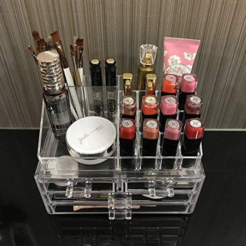Ikee Design Jewelry Makeup Cosmetic Storage Organizer Two Pieces Set Ikee Design Jewellery Make-up Beauty Storage Organizer Two Items Set - Arrange Cosmetics, Jewellery, Hair Equipment, Rest room Counter or Dresser, Clear Design for Simple Visibility.