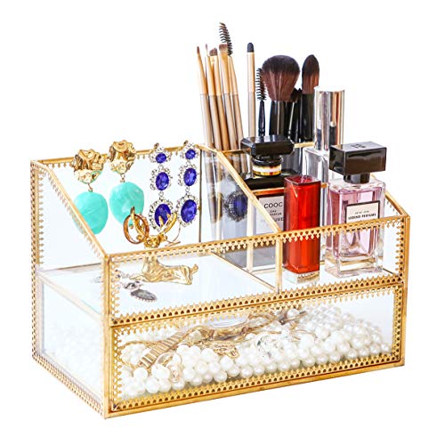 Levilan Golden Glass Box Vanity Tray Glass Case Makeup Display Organizer on Dresser, Multifunctional Comestic Storage for Palette Lipstick Makeup Brushes Skincare Perfumes Bathroom Accessories