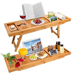 Widousy Luxury Bamboo Bathtub Caddy Bath Tub Tray Bridge Shower Shelves Organizer Tray With Stand Foot, Extending Sides Built in Book Tablet Integrated Wineglass Holder phone Tray & Accessories Placem