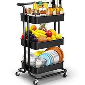 JOMARTO 3-Tier Rolling Utility Cart with Handle, Storage Cart Organizer with Lockable Wheels Makeup Cart Organizer Craft Art Cart Multi-Purpose Trolley Cart for Kitchen, Bathroom, Office