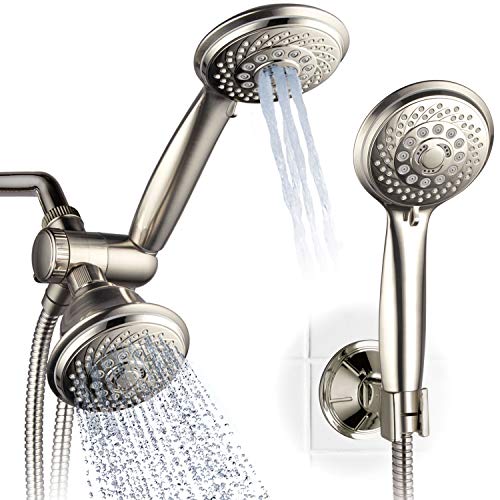 AquaSpa 6-in-1 High-Pressure Shower Head/Hand Held Showerhead Combo with Two OVERHEAD and LOW-REACH Wall Brackets, 3-way Water Diverter & Stainless Steel Hose/BRUSHED NICKEL FINISH/by HotelSpa