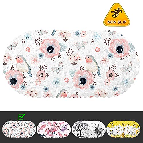 iProTech Bath Tub Shower Mat,Non-Slip Machine-Washable Beautiful Pebble Bathtub Mat with Suction Cups and Drain Holes 14"x27" (Multi-Colored Bird)
