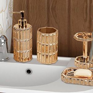 nu steel Resin Bath Accessory Set for Vanity Countertops, 4 Piece Luxury Ensemble Includes Dish, Toothbrush Holder, Tumbler, soap and Lotion Pump, Gold Finish