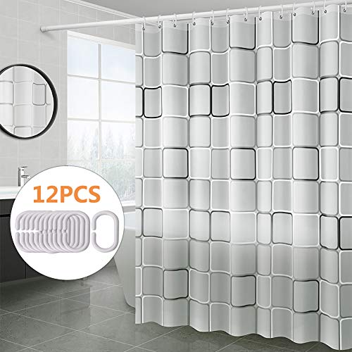 Shower Curtain for Bathroom, PEVA Waterproof Bath Shower Curtain Liner, Black and White Square Style Shower Bath Curtains with Matching Hooks, 72 x 72 inch