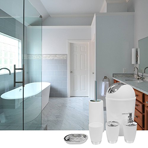 Bathroom Accessories Set, 6 Pieces Plastic Gift Set Lavatory Equipment Set, 6 Items Plastic Present Set Lavatory Accent Luxurious Lavatory Set Consists of Toothbrush Holder,Toothbrush Cup,Cleaning soap Dispenser,Cleaning soap Dish,Bathroom Brush Holder,Trash Can(White).