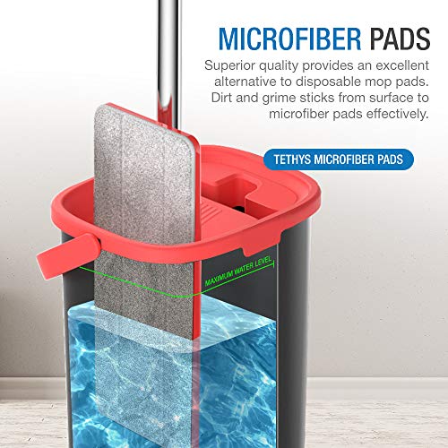 TETHYS Flat Floor Mop and Bucket Set for Professional Home TETHYS Flat Flooring Mop and Bucket Set for Skilled House Flooring Cleansing System with Aluminum Deal with/2-Washable Microfiber Pads Excellent House + Kitchen Cleaner for Hardwood, Laminate, Tiles, Vinyl.